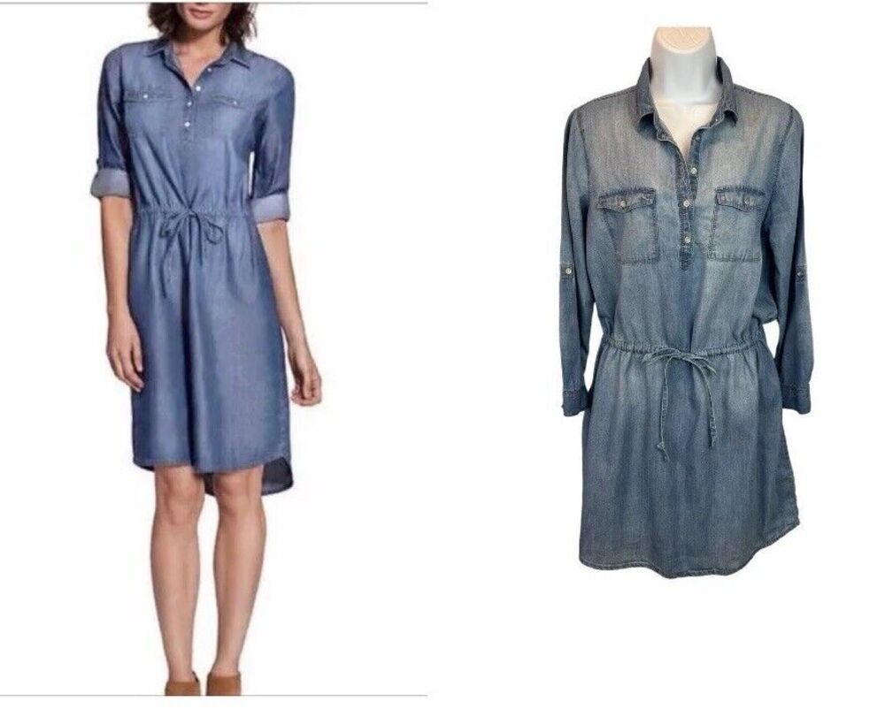 Gloria Vanderbilt Part Button Front Denim Shirt Dress  Size S  Roll-Tab Sleeve